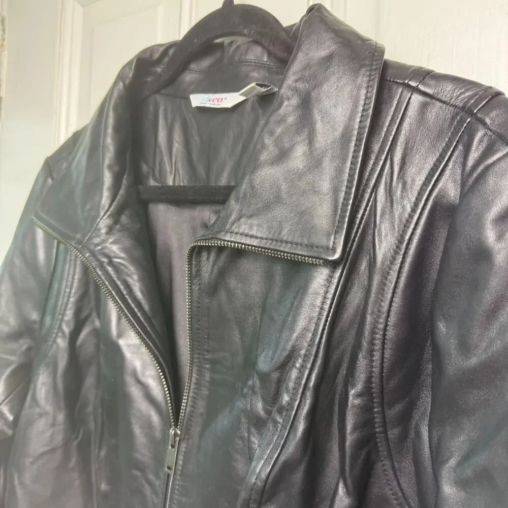 D&Co Womens Leather Seamed Jacket Pockets Zip Black 2X *FLAW*